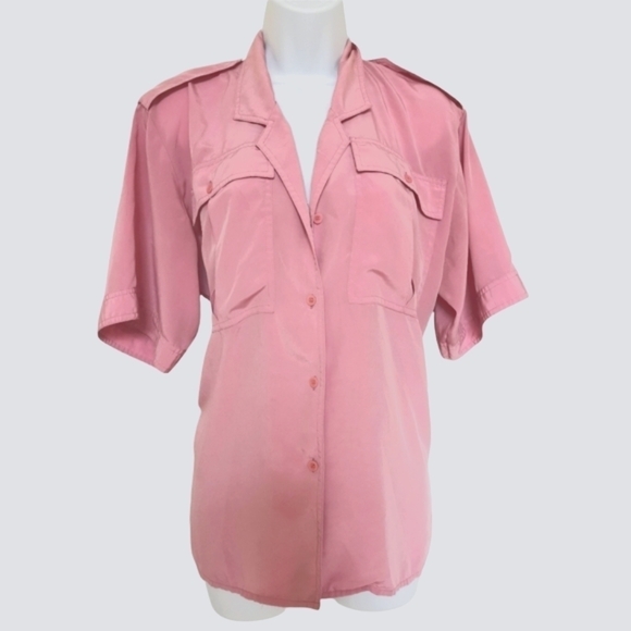 Vintage 80s Safari Style Silky Pink Blouse - Picture 2 of 7